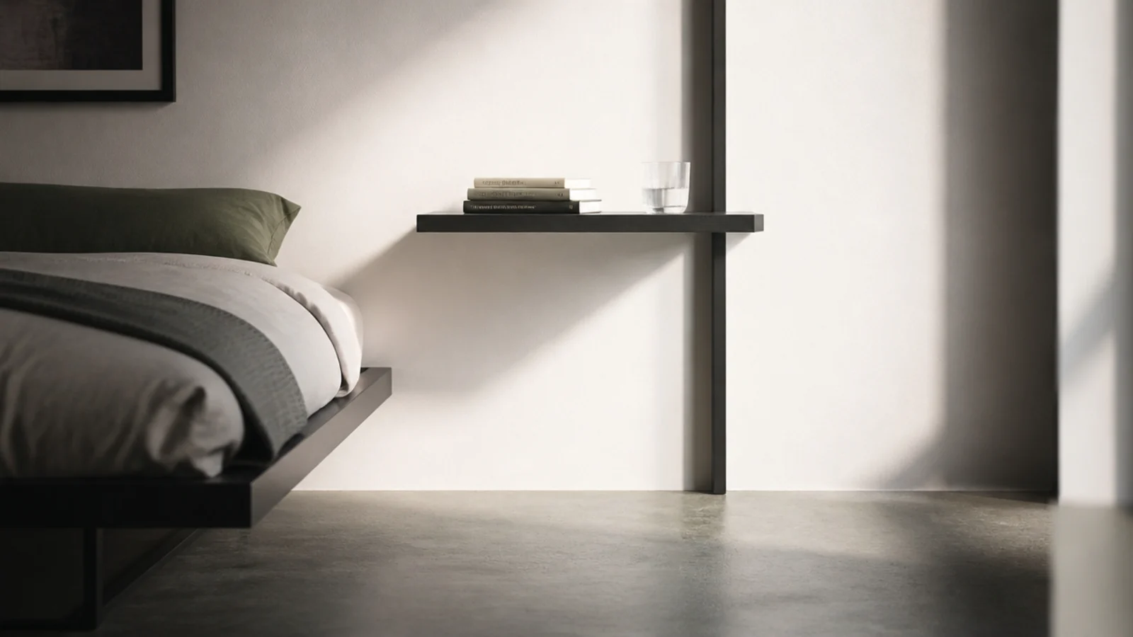 bedside surface cantilevered from a single upright with open space beneath