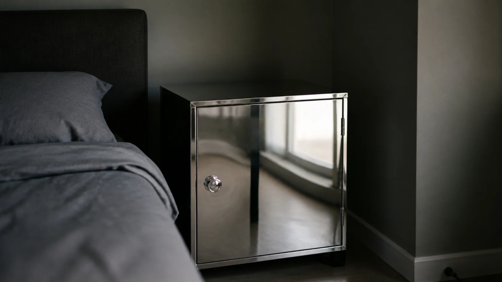 polished stainless steel nightstand reflecting a window in a dim room