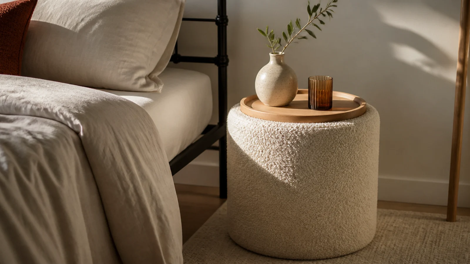 cream boucle covered drum table adding texture beside a hard bed frame