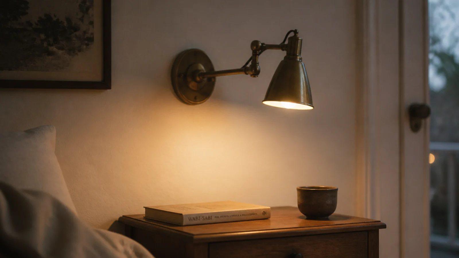 brass wall sconce mounted above a bedside table leaving the surface clear