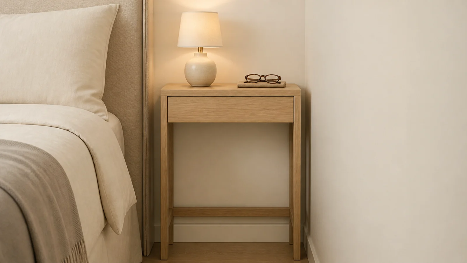 very shallow console table fitted into a slim space beside a bed