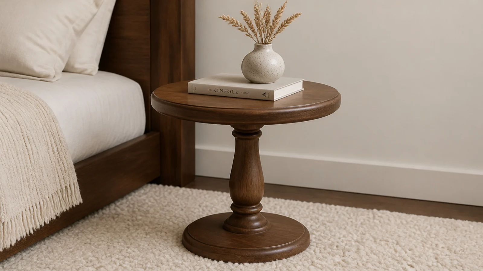 pedestal bedside table standing steady on a thick woven rug