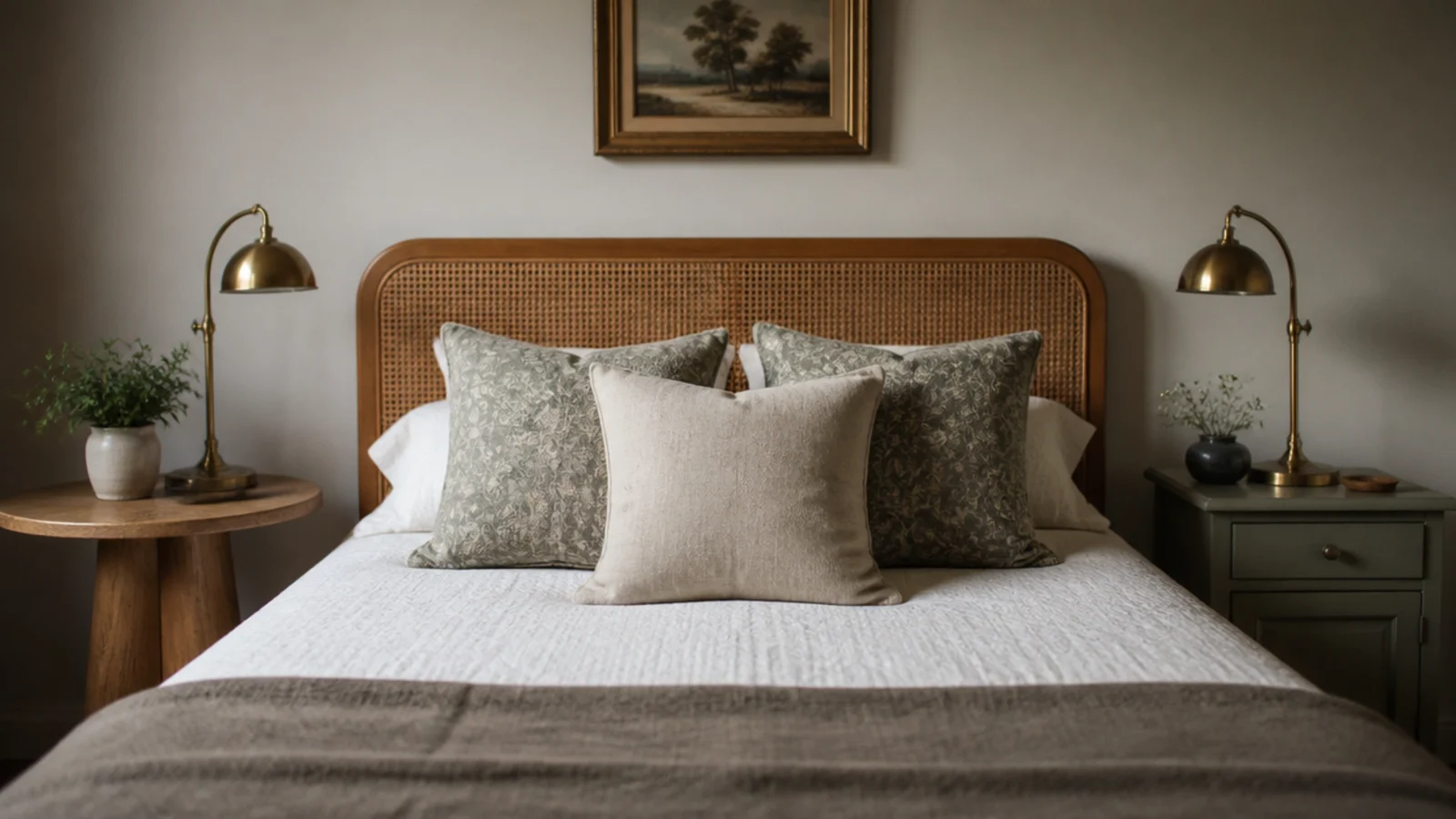 two different bedside tables of matching height either side of a bed