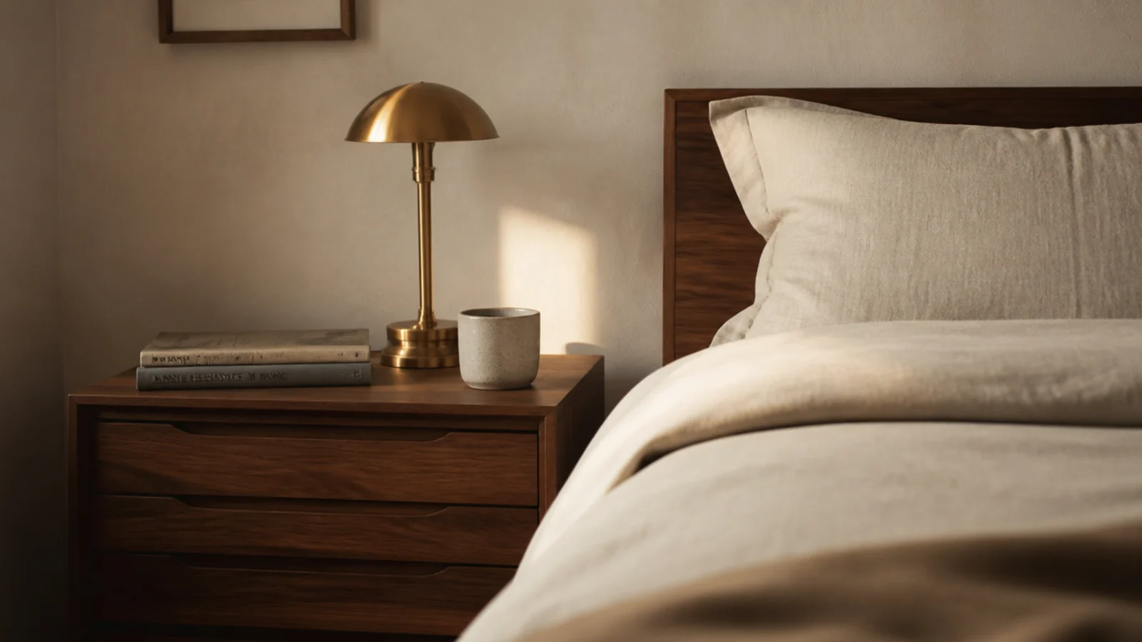 styled bedside table ideas in warm oak holding a lamp book and ceramic cup