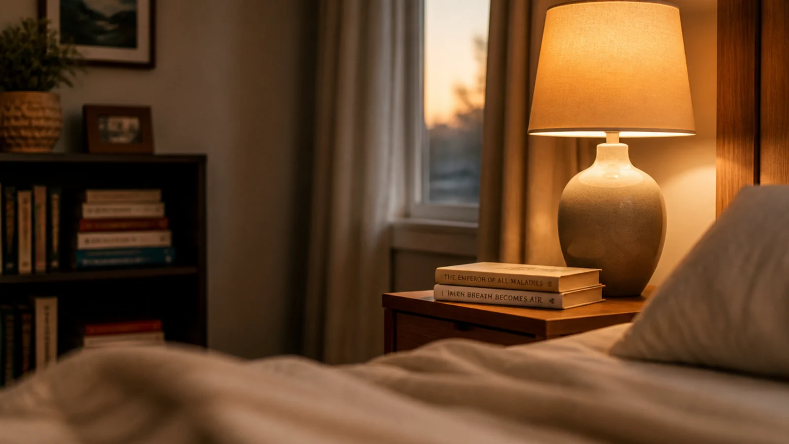 two books on a bedside table with a further stack on a shelf