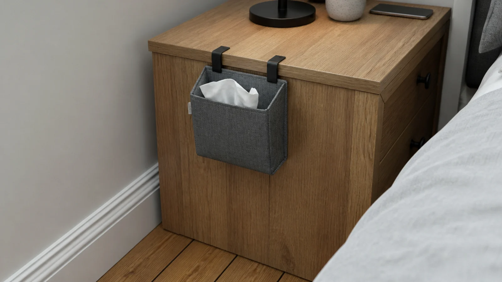 small fabric waste pouch clipped to the back of a bedside cabinet