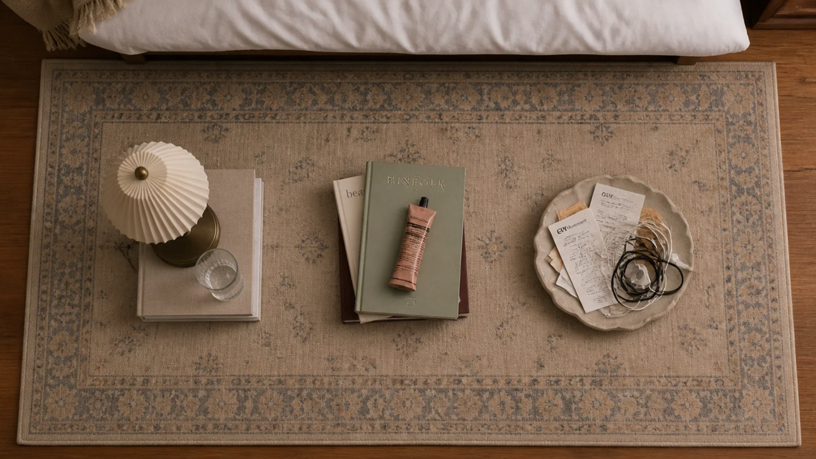 three small piles of bedside objects sorted across a bedroom floor