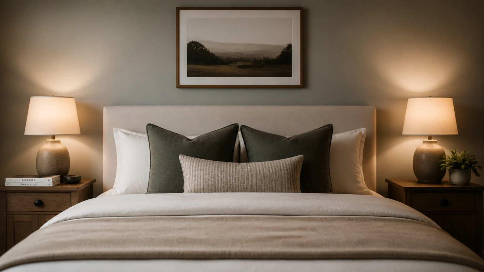 two bedside tables styled with different objects at equal visual weight