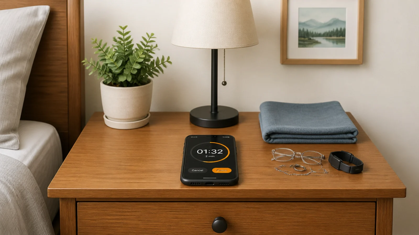 tidy bedside table reset with a phone timer showing two minutes