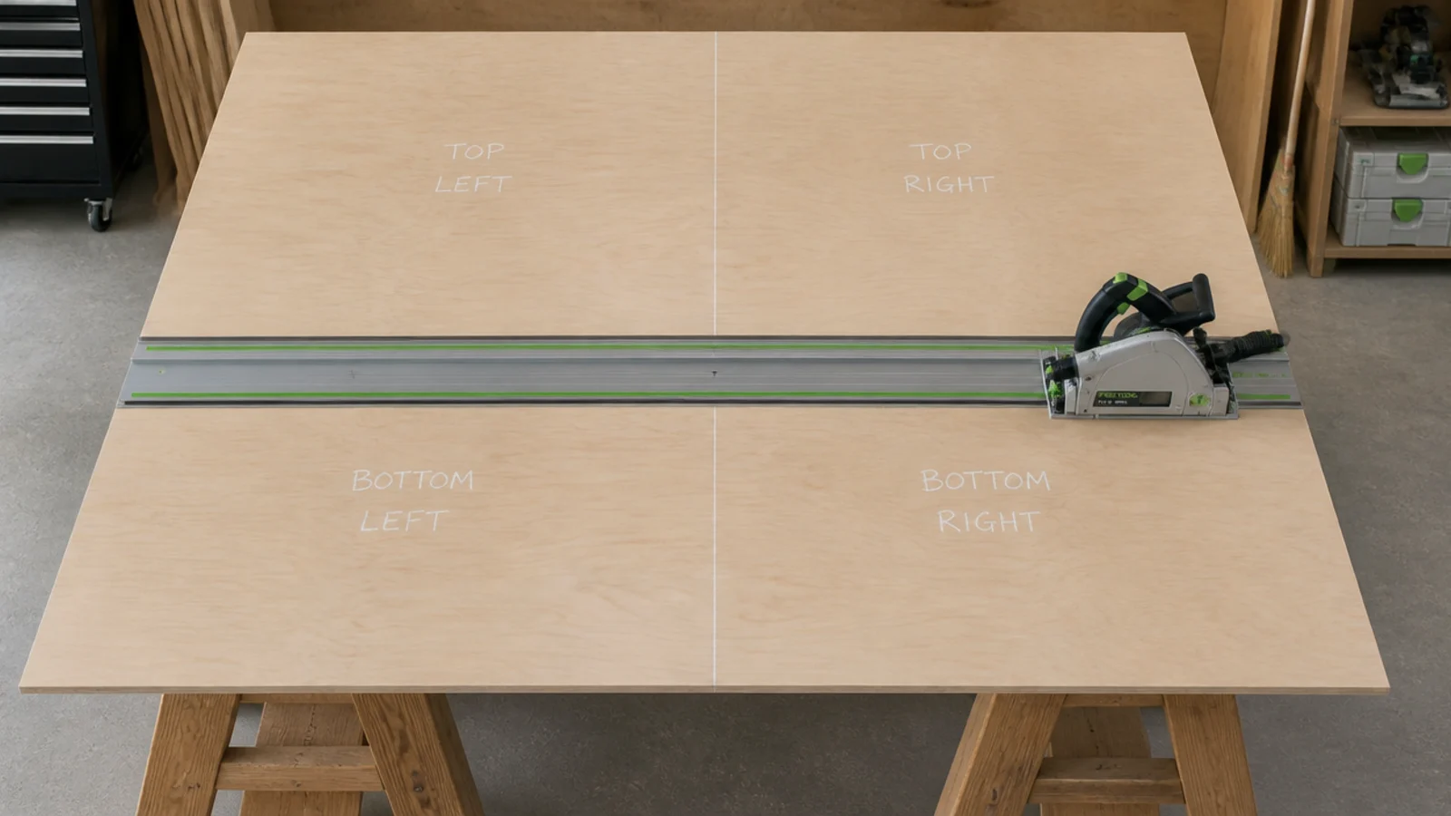 quarter sheet of birch plywood marked out into four cabinet parts