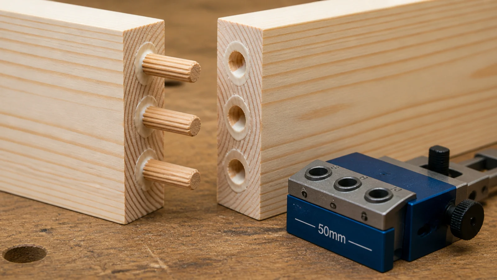 wooden dowels glued into drilled holes on a table frame joint