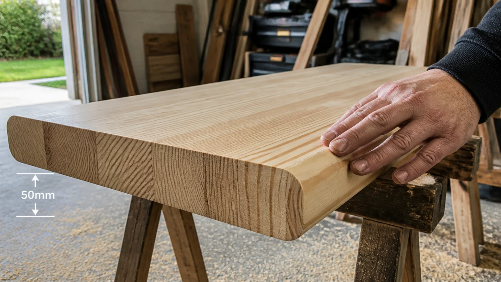 solid stair tread with a rounded bullnose edge used as a tabletop