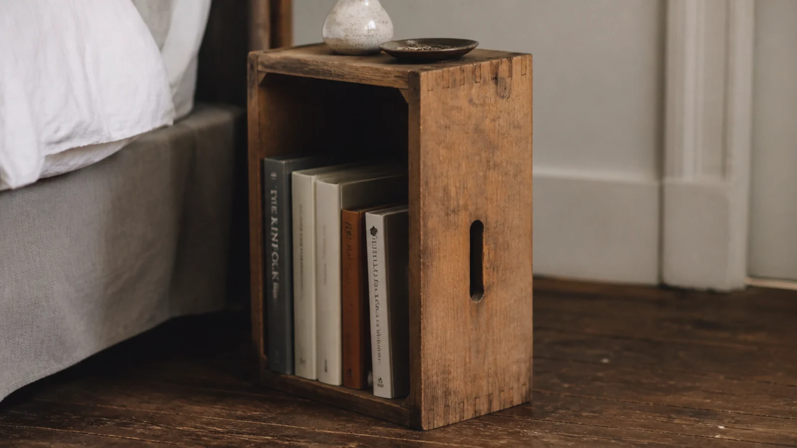old wooden drawer stripped and turned into an open bedside cube