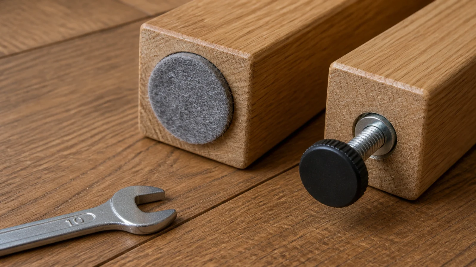 felt pad and adjustable levelling foot fitted under a table leg
