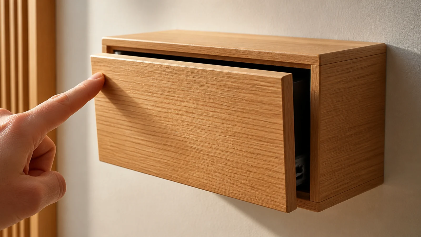 handleless floating drawer front pressed open by a fingertip