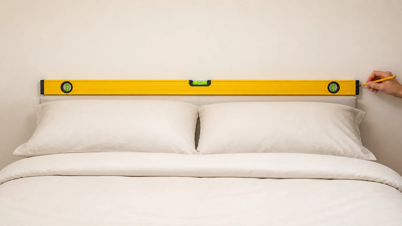 spirit level held against a wall in line with a made mattress top