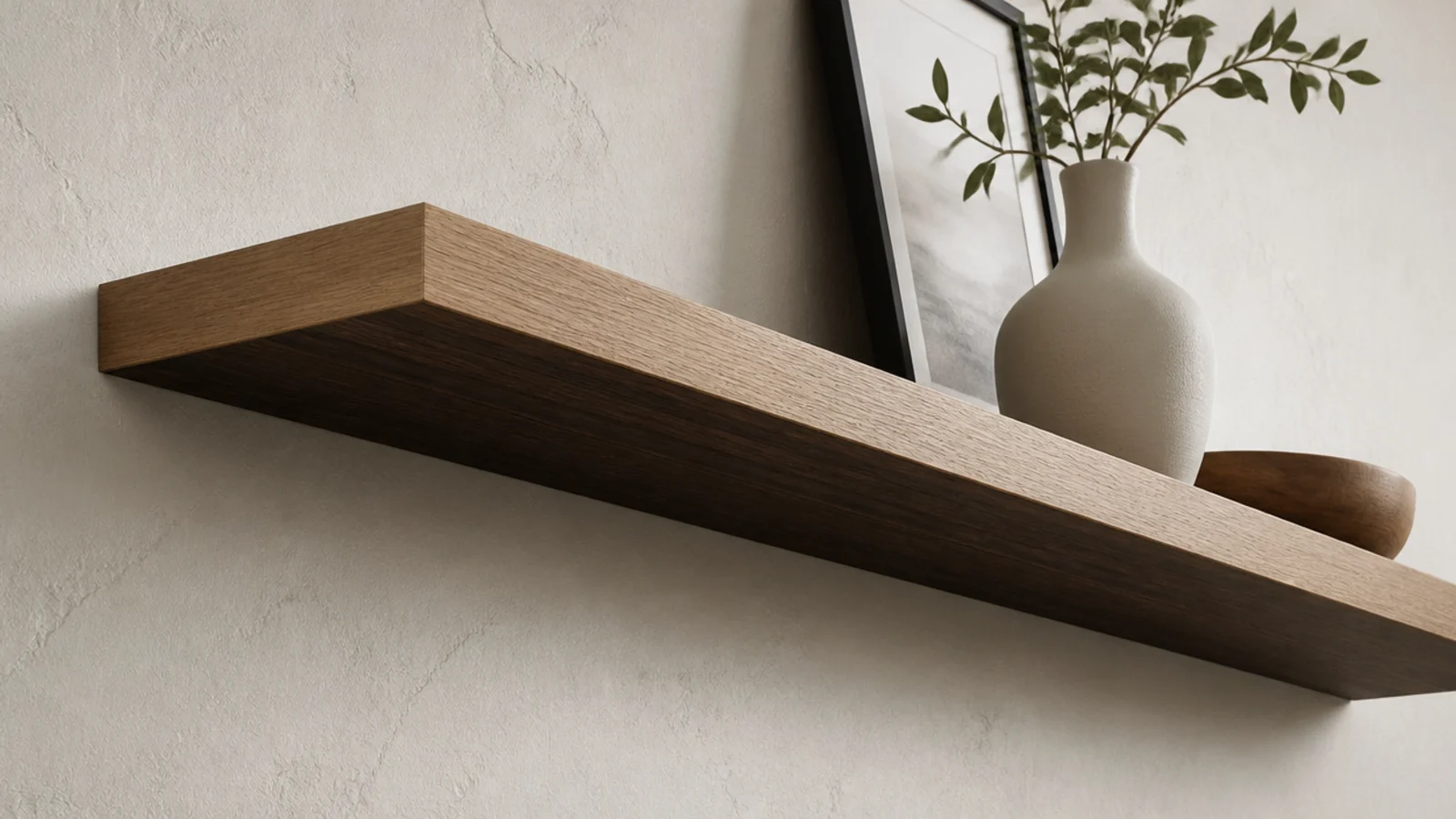 underside of a floating shelf finished in a darker tone than the top