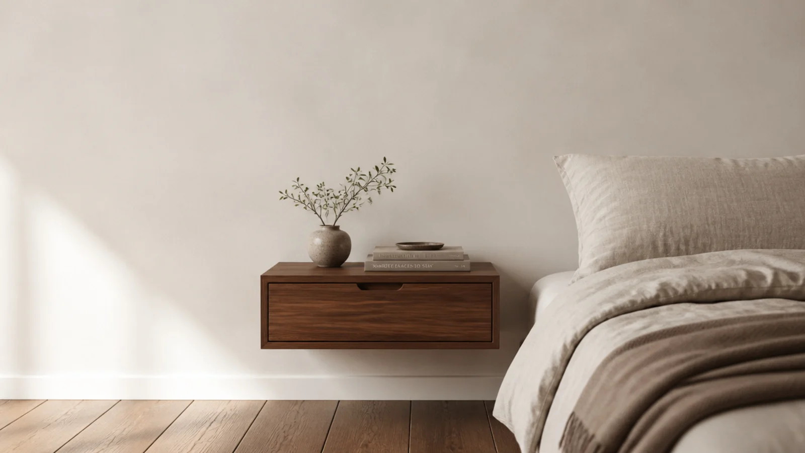 tall view of floating bedside table ideas with clear floor beneath the shelf