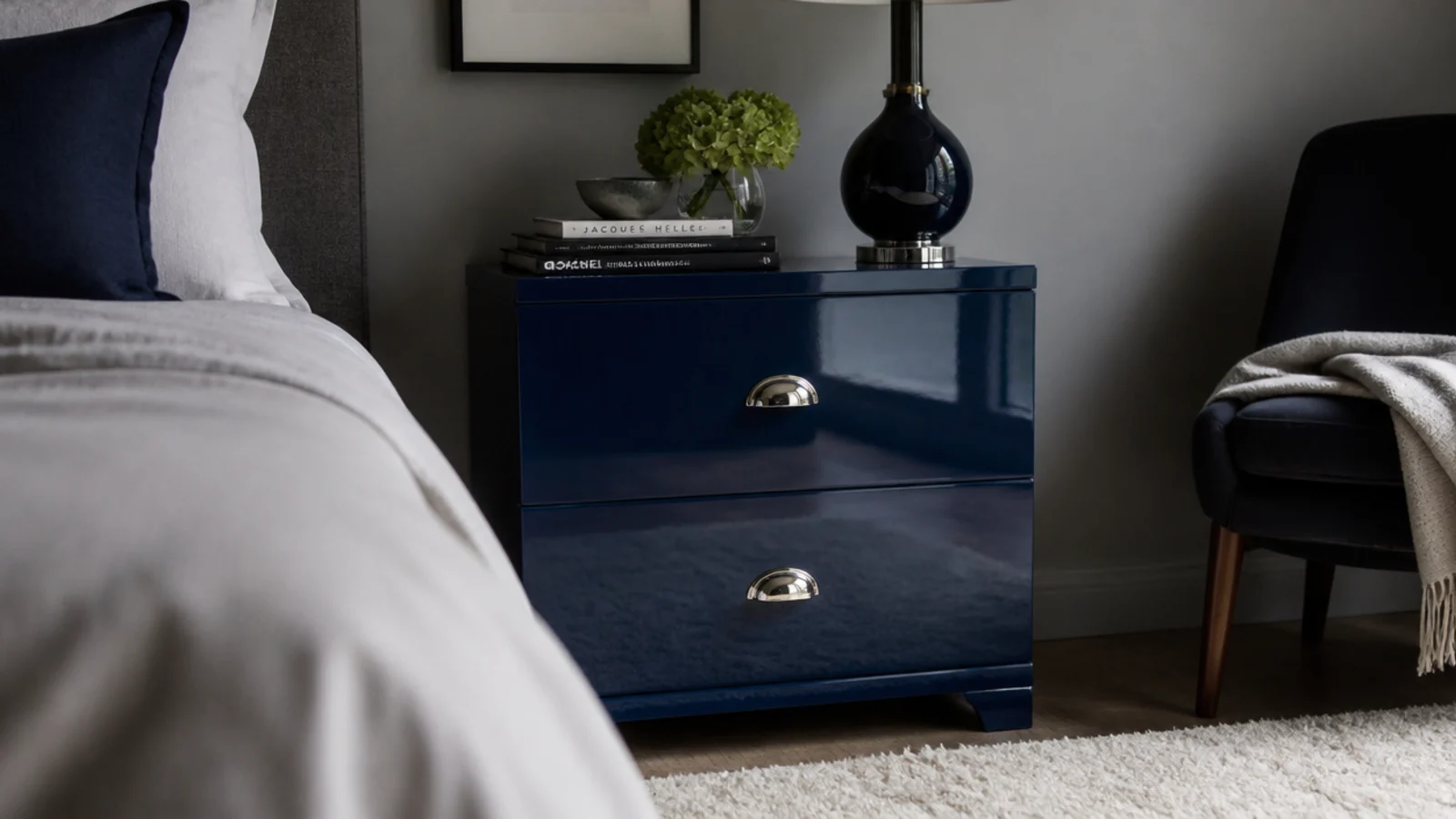 deep gloss lacquered bedside cabinet reflecting a window as a soft rectangle