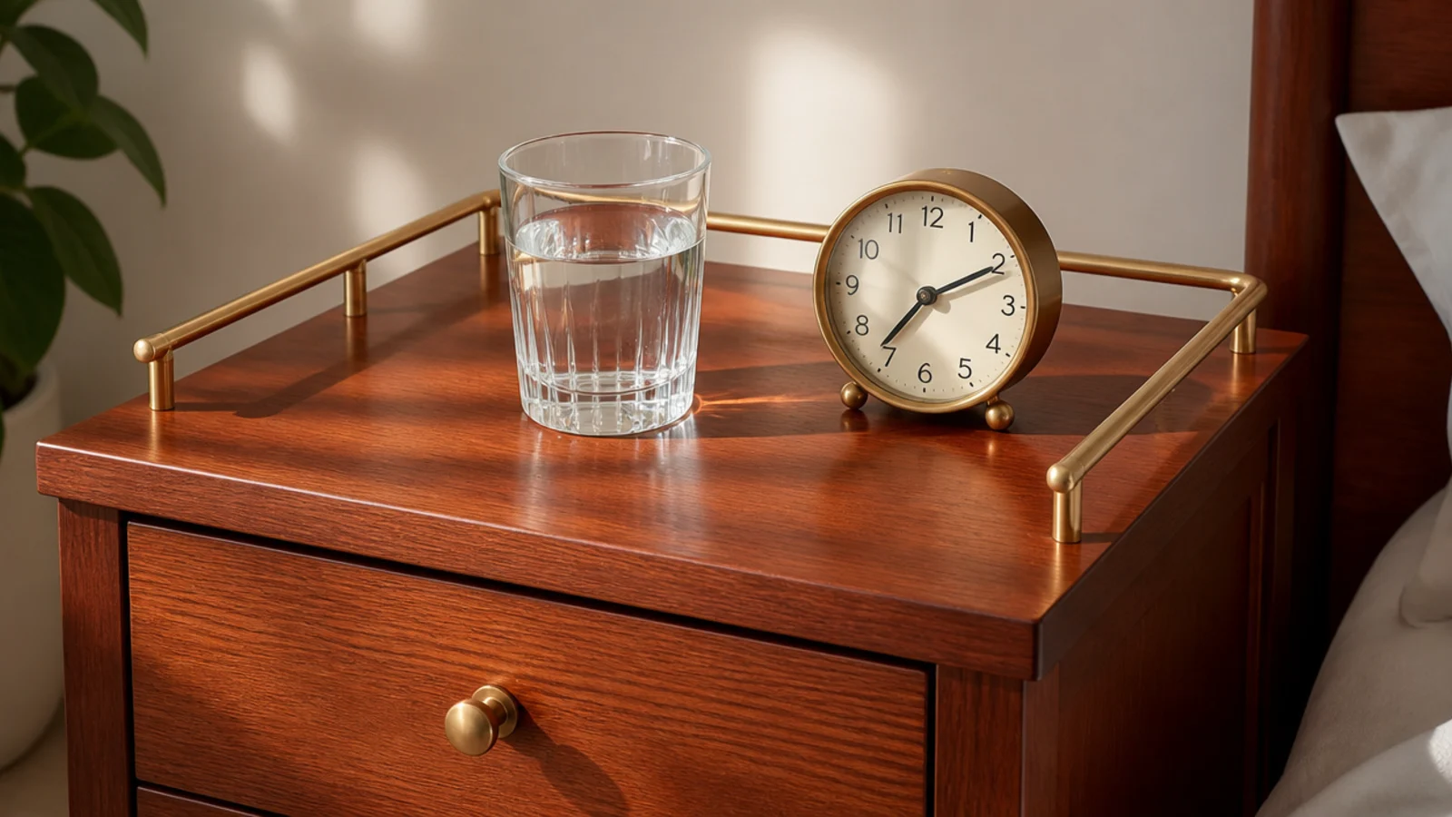 thin brass gallery rail edging the top of a small bedside cabinet