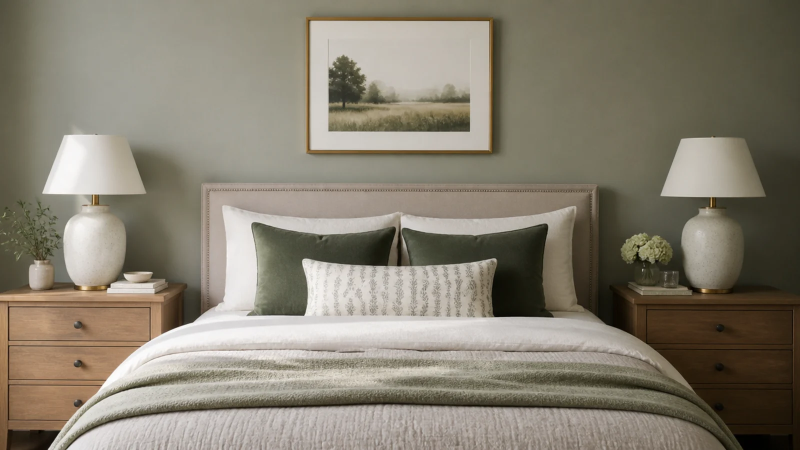 symmetrical bedroom with identical bedside cabinets lamps and centred artwork