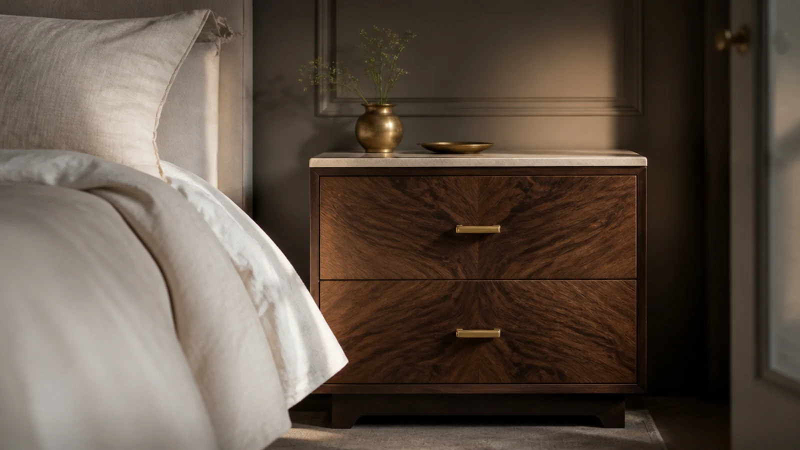 luxury bedside table in book-matched walnut with brass pulls and stone top
