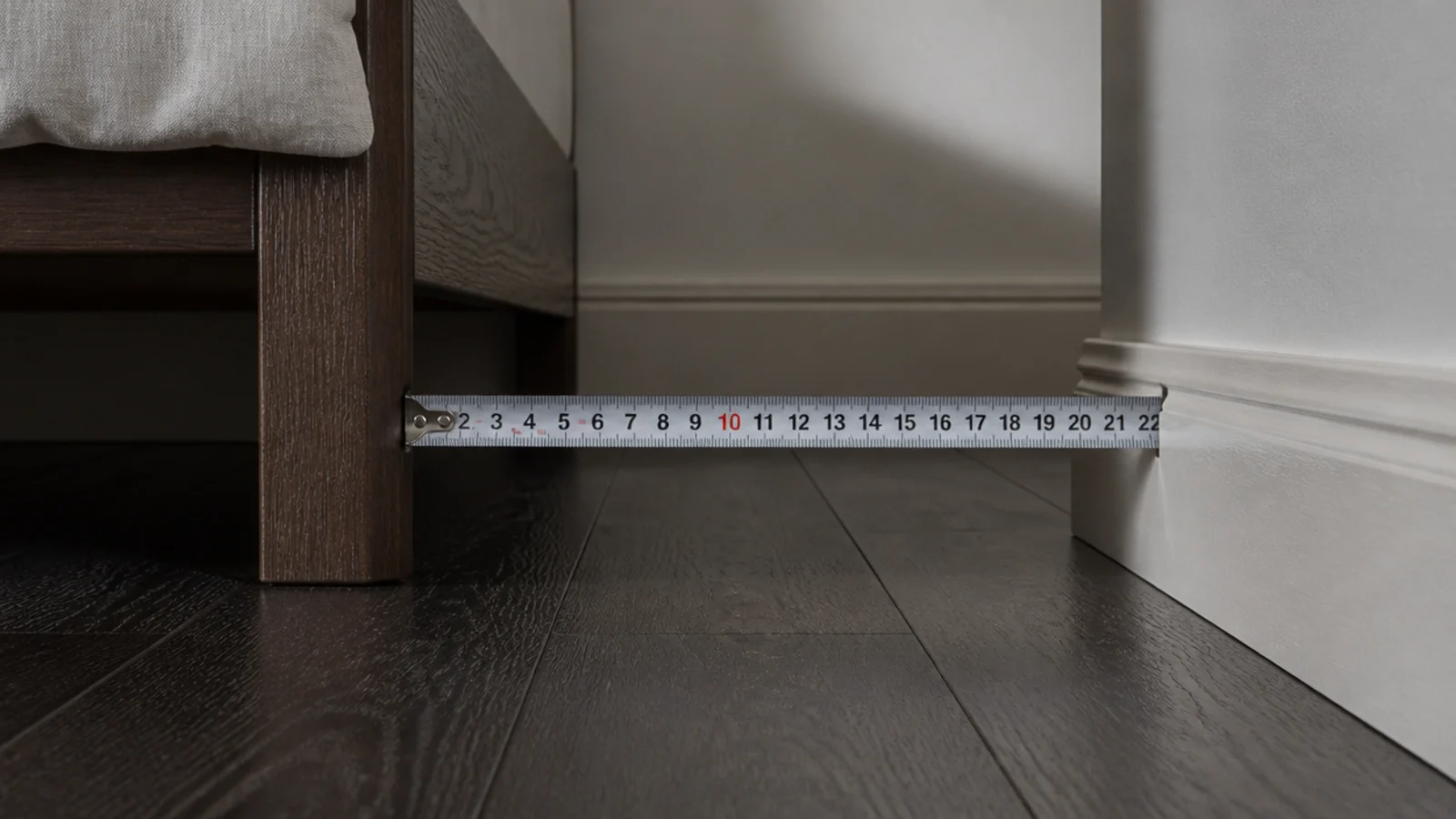 tape measure held across a slim gap at skirting board height