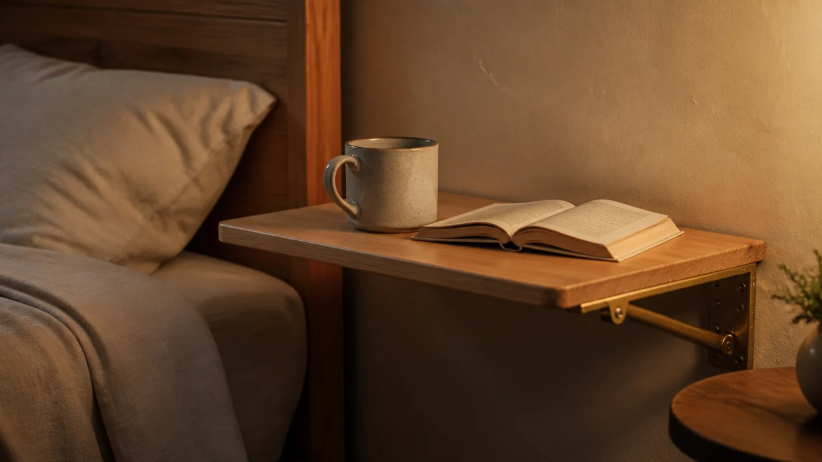 hinged wall tray folded down beside a bed holding a mug and book
