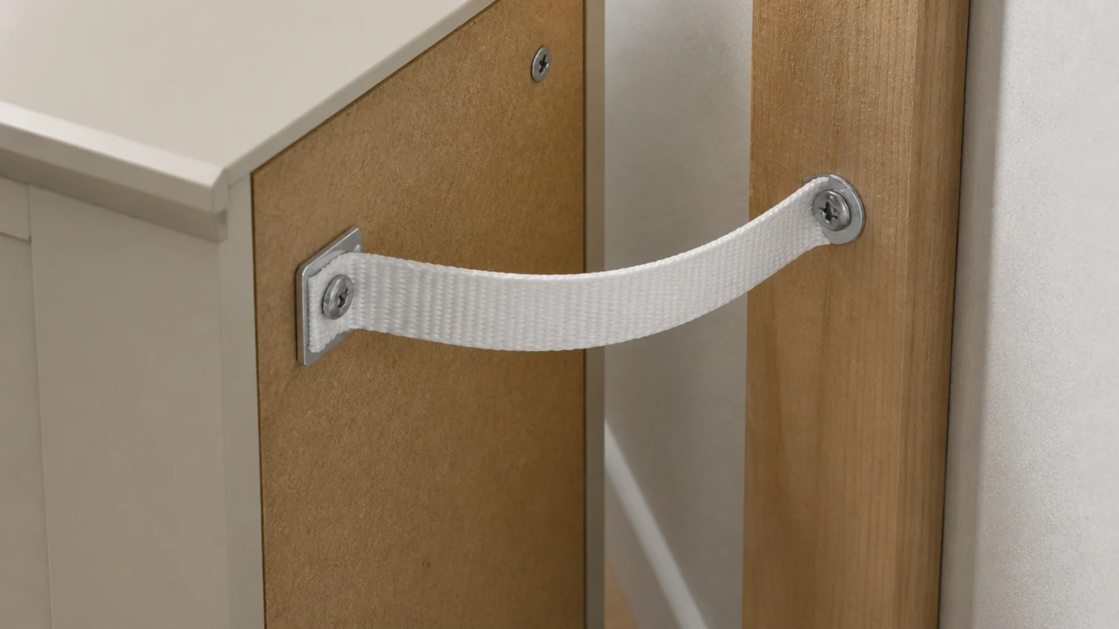 anti tip strap fixed between a tall narrow cabinet and the wall