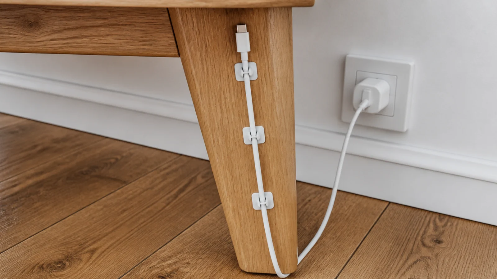 charging cable clipped neatly along the inside face of a table leg