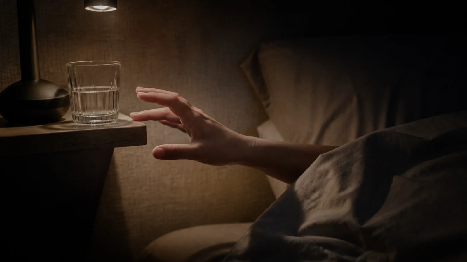 hand reaching sideways in a dark room toward a narrow bedside surface