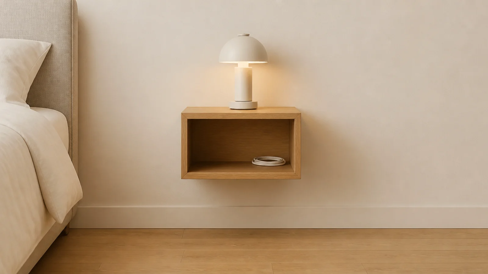small open wooden cube mounted on a wall beside a bed head