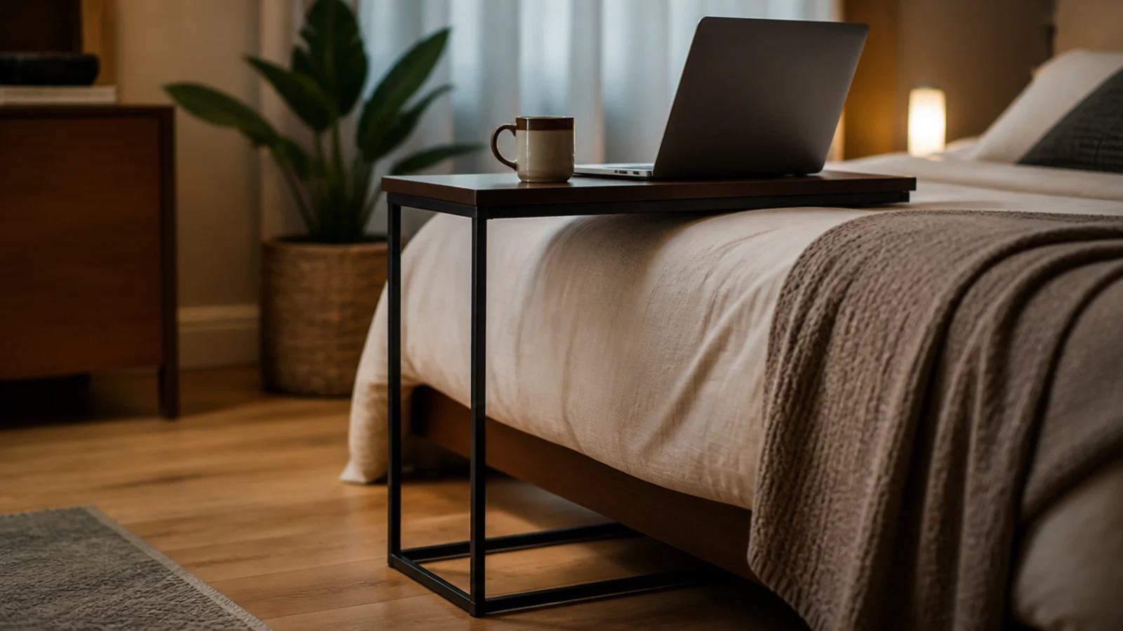 C shaped side table with its base sliding under a bed edge