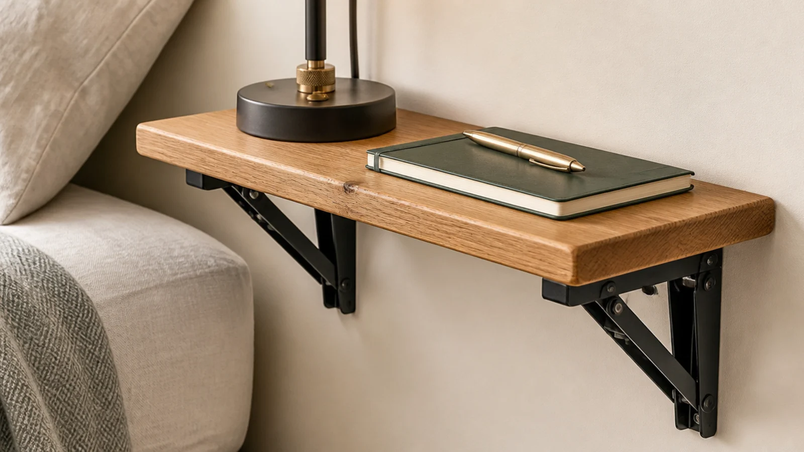 metal fold down bracket supporting a small timber bedside surface