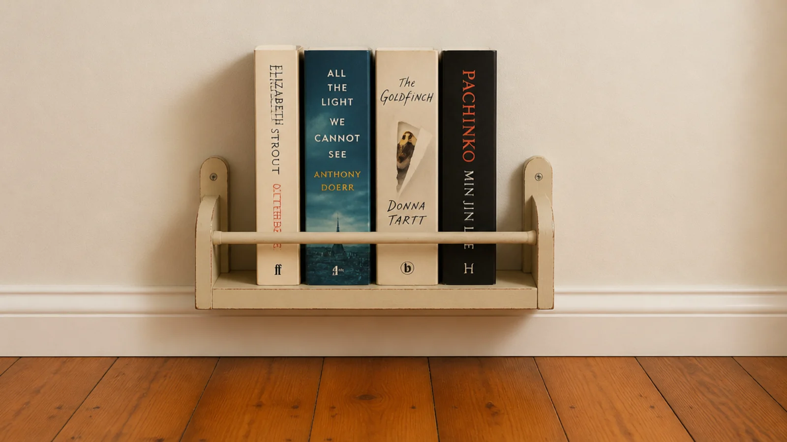 narrow spice rack mounted on a wall holding paperbacks spine outward