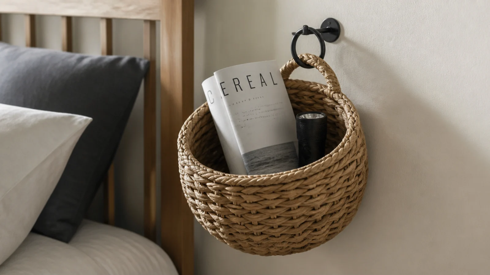 woven basket hanging from a single wall hook beside a bed