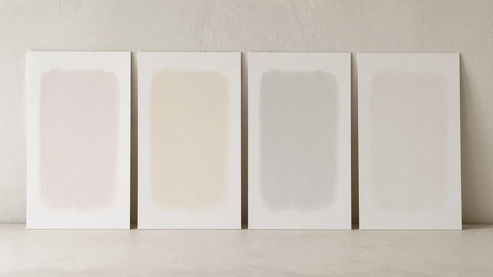 four painted white samples propped against a wall showing different undertones
