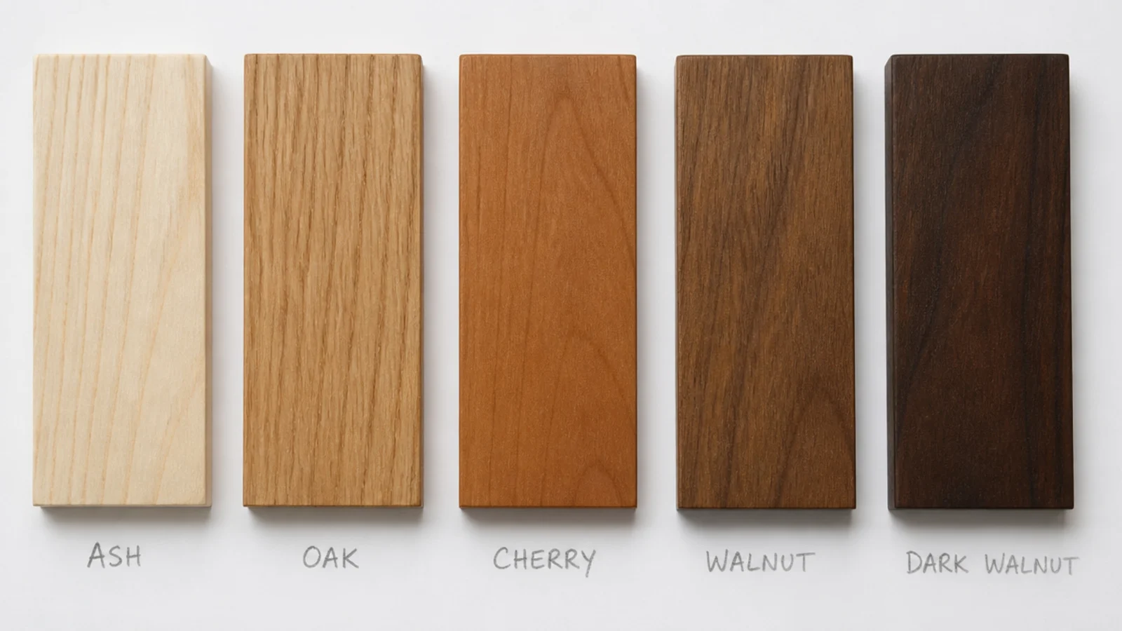 five timber samples laid in a row from pale ash to dark walnut