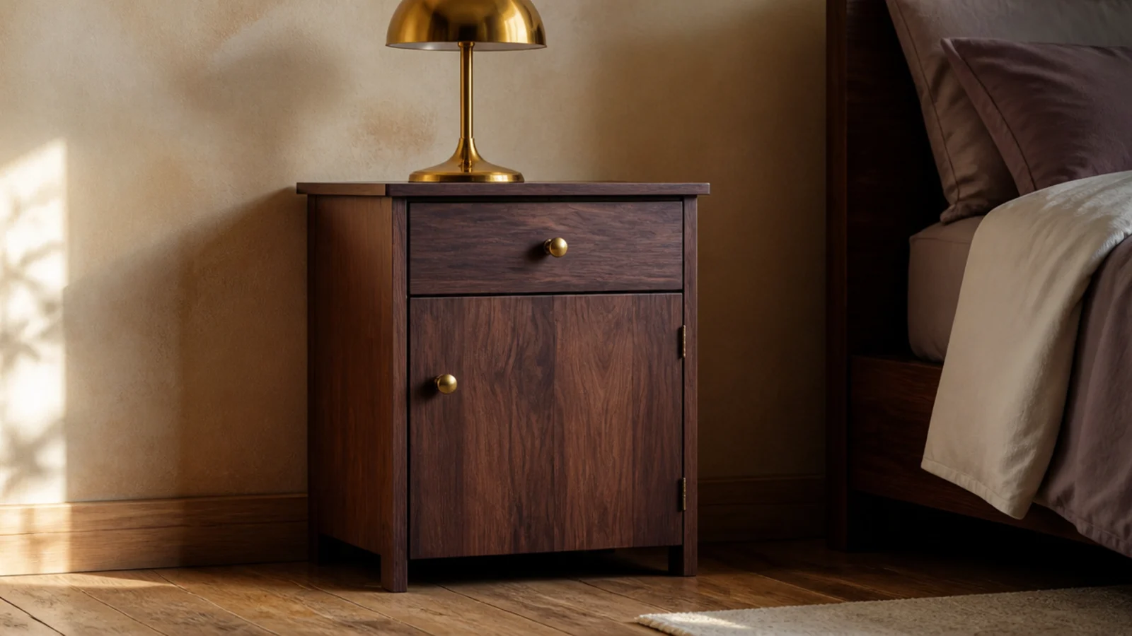 chocolate toned walnut bedside cabinet against a pale plaster wall