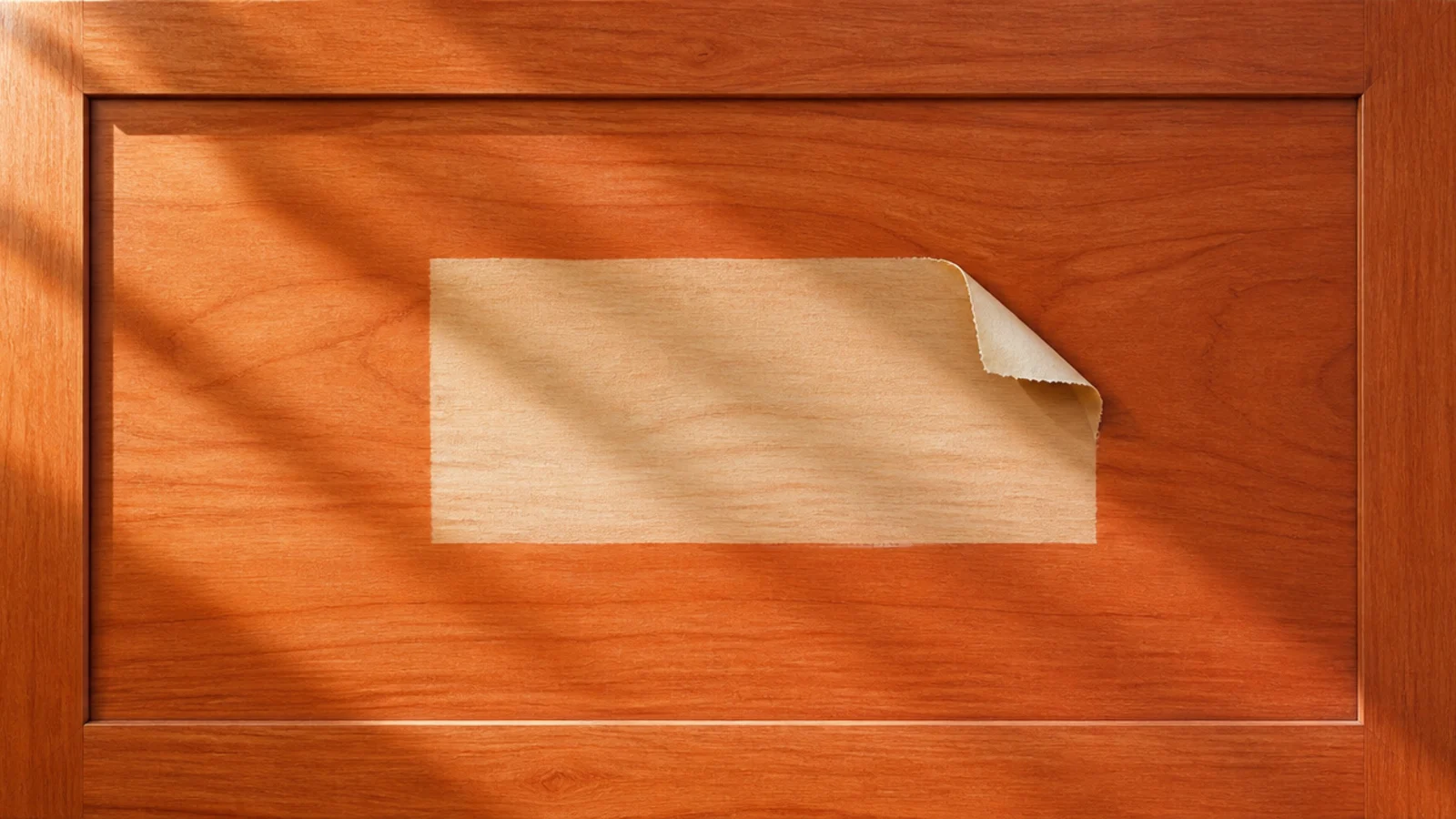 cherry panel half covered showing the tone difference after sunlight