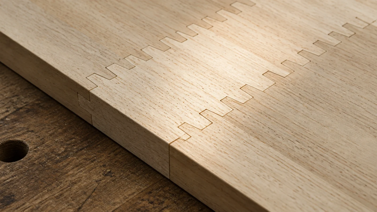 finger jointed rubberwood panel showing repeating zigzag glue lines