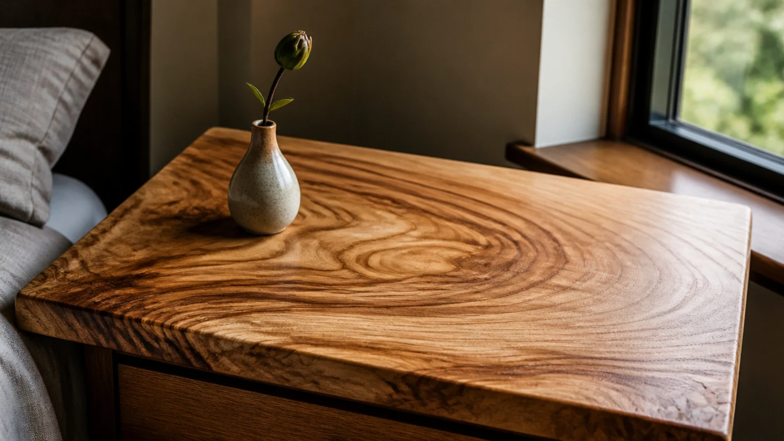 elm tabletop with swirling interlocked grain across a wide board