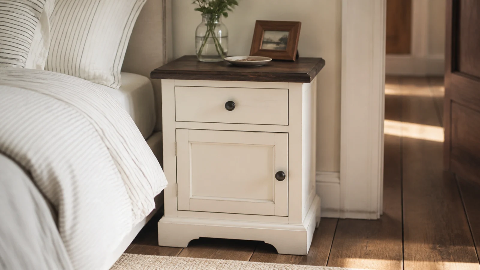 bedside table with a dark stained top above a pale painted base