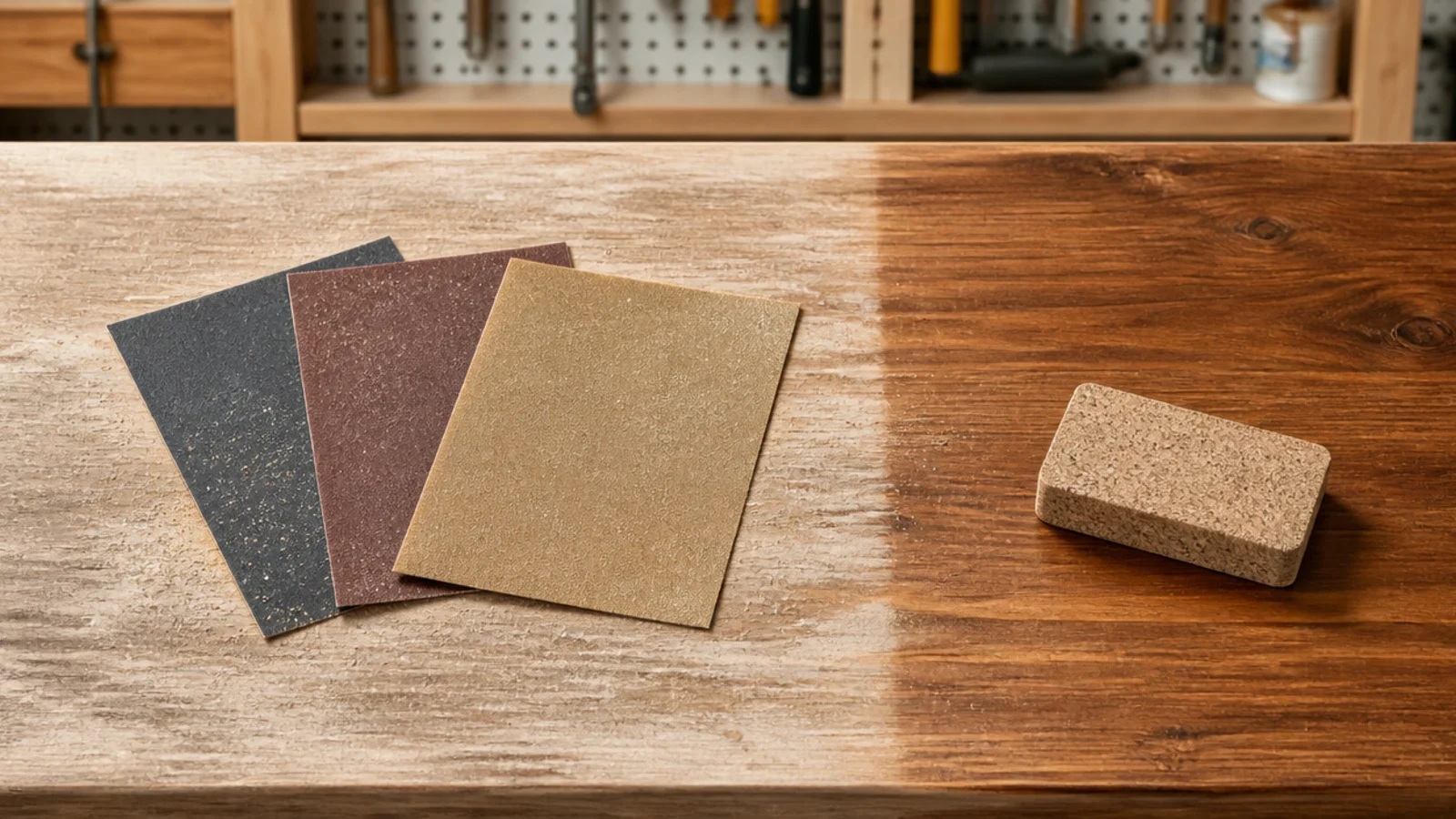 sanding block and three grit papers laid across a partly sanded top