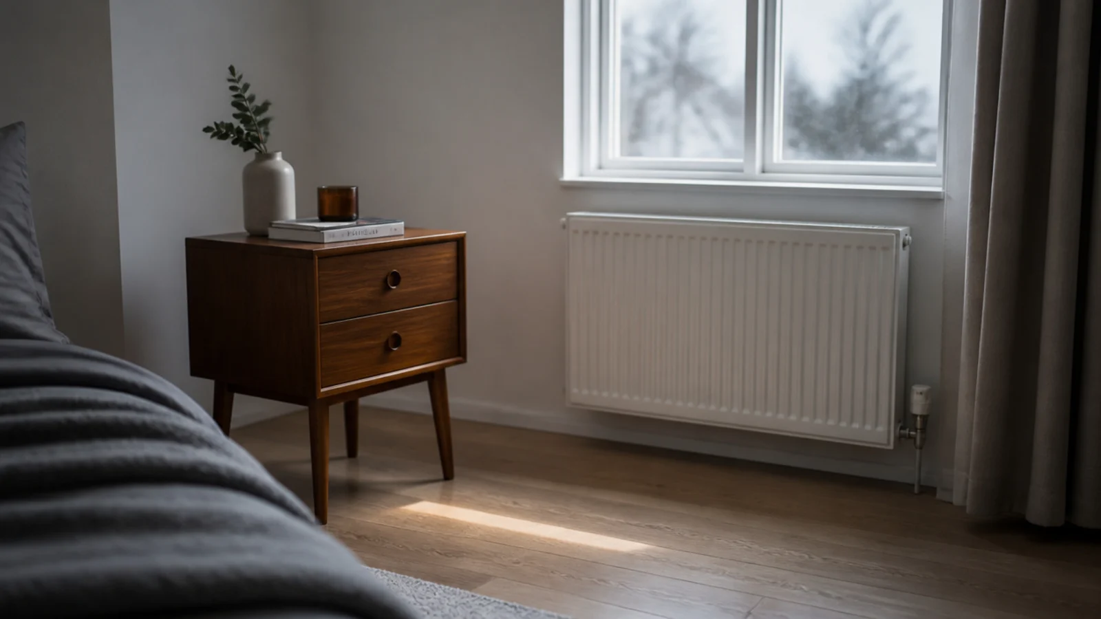 wooden bedside table positioned away from a radiator under a window