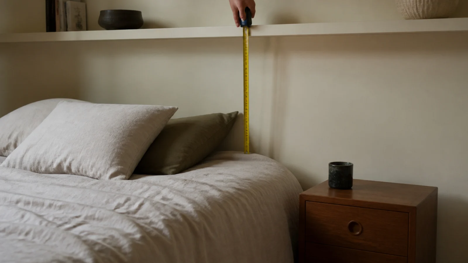 bedroom plan showing shelf clearances beside and above a made bed