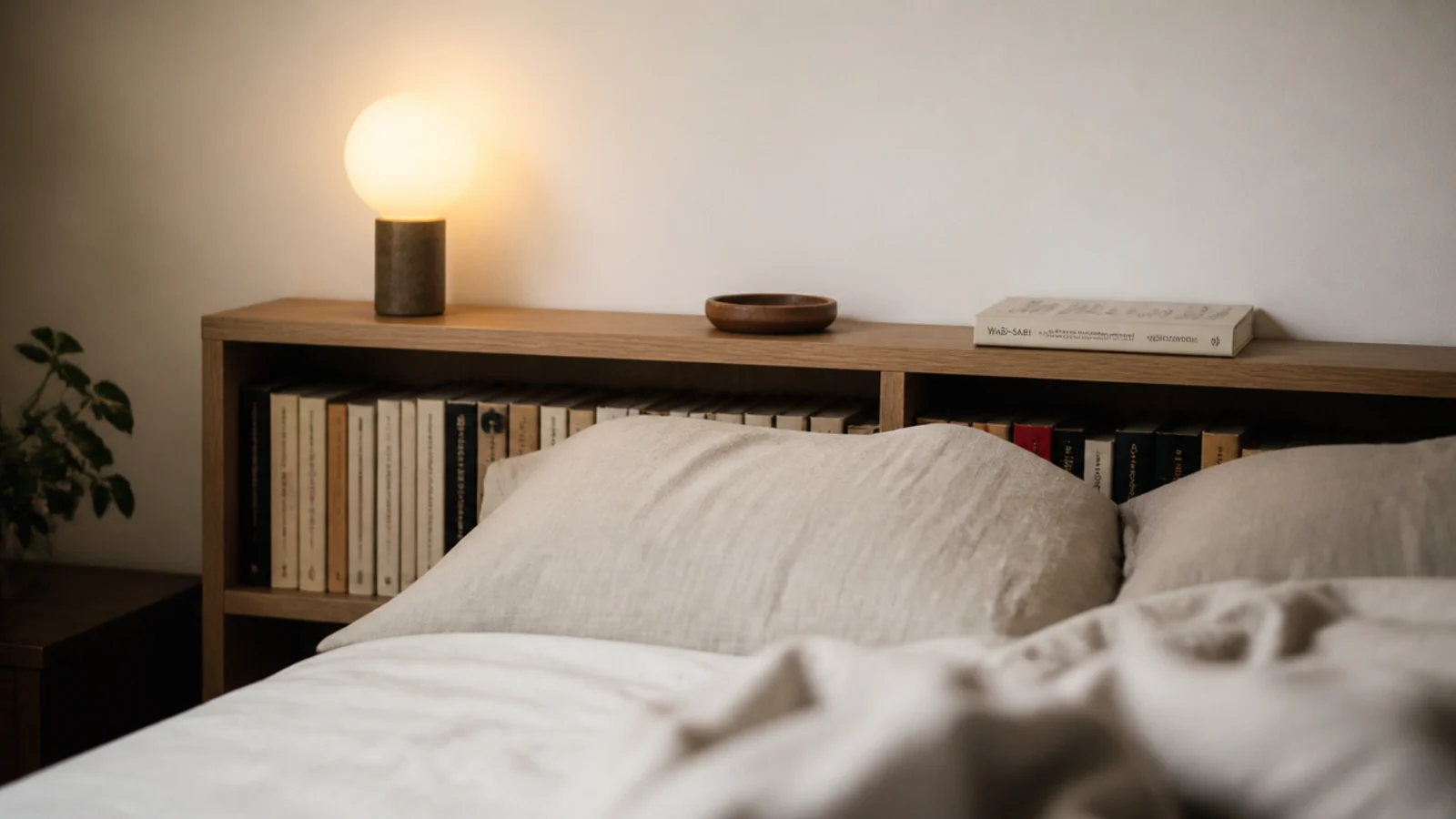low bookshelf run behind a bed acting as a headboard with books