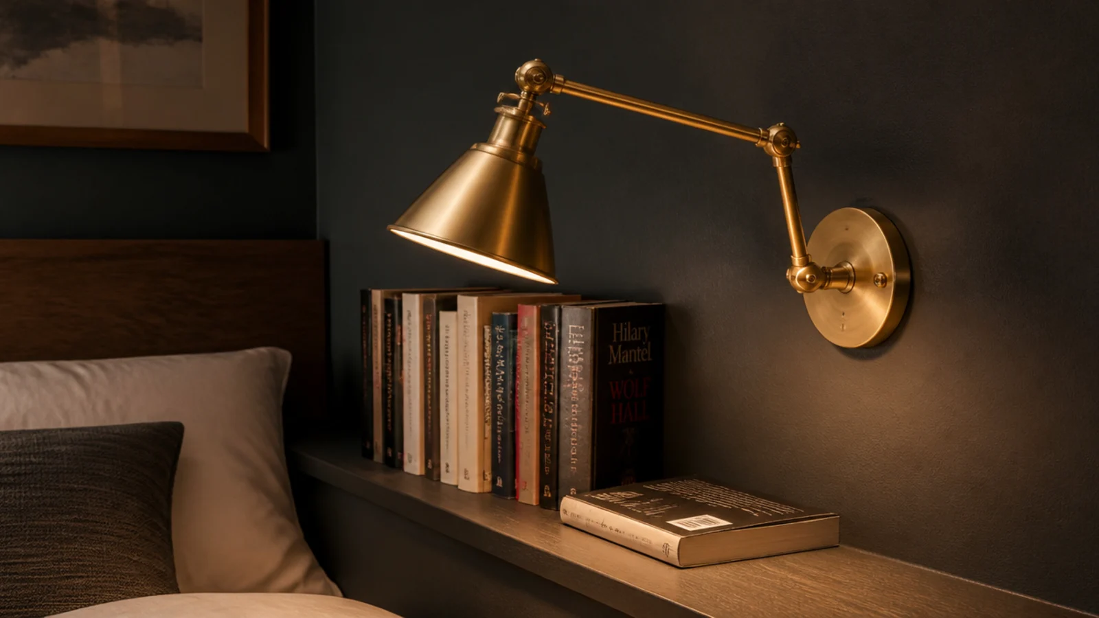 brass swing arm wall lamp mounted beside a bedroom book ledge