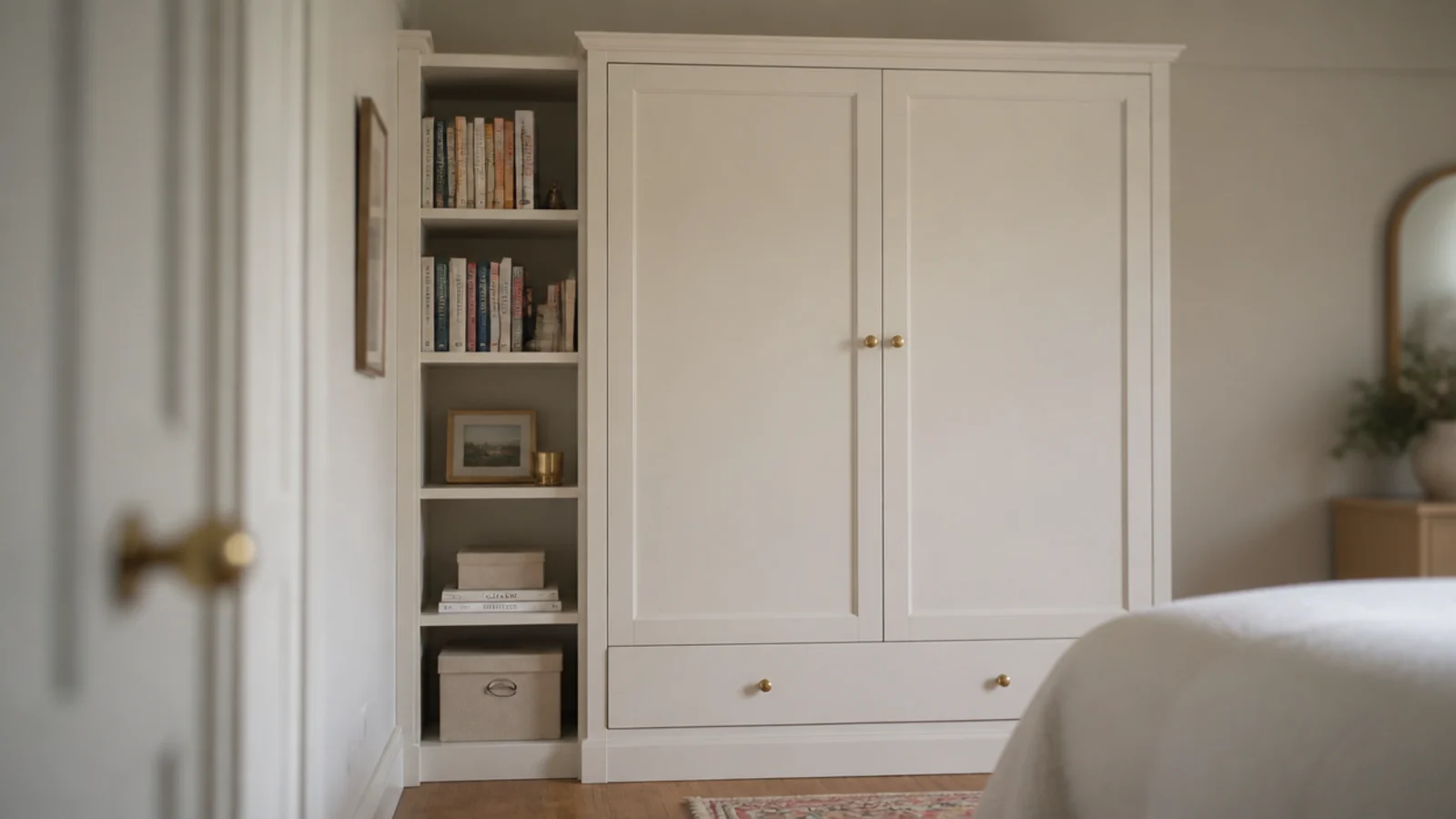 tall narrow bookcase standing flush beside a bedroom wardrobe