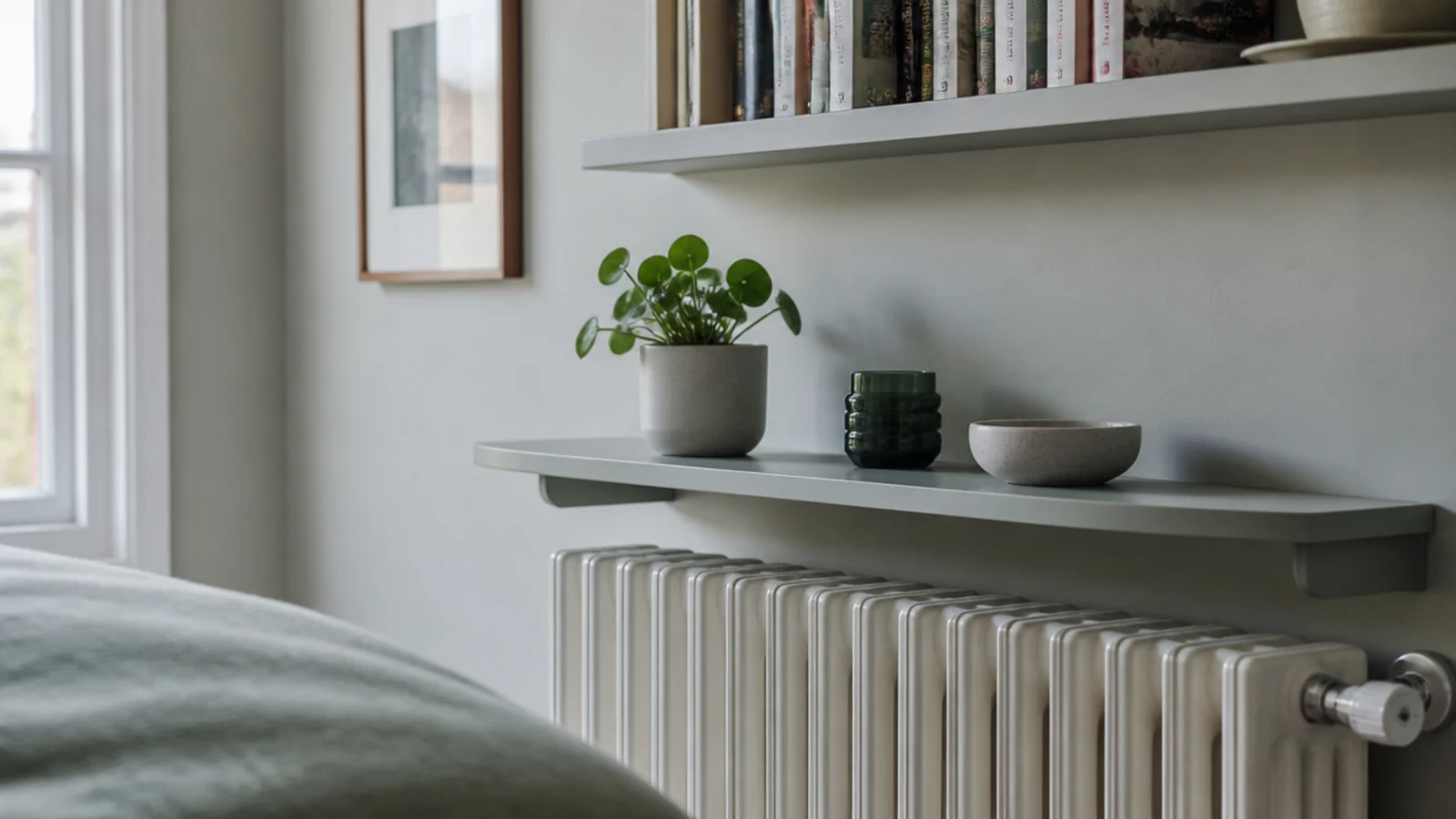 painted shelf above a bedroom radiator with a clear air gap below